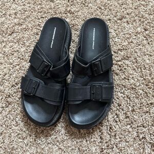 Princess Polly Matte Black Double-Buckle Slide Sandals